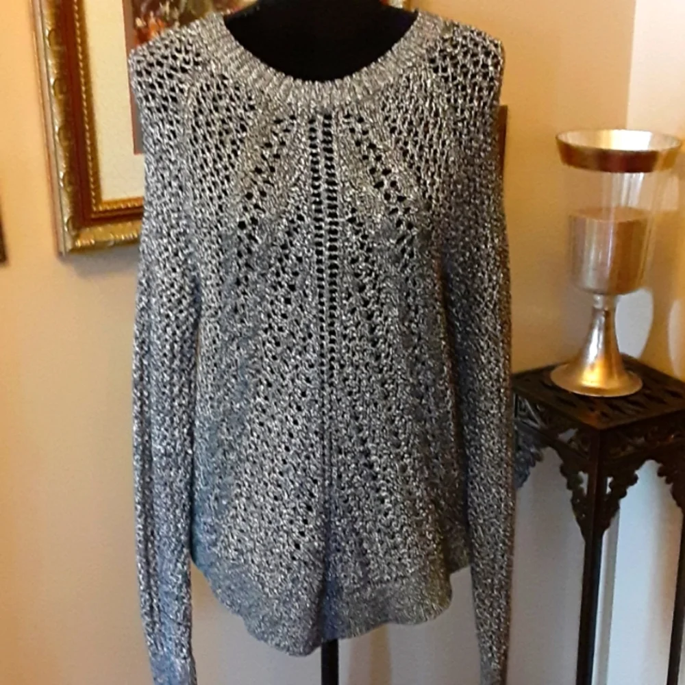 Lucky Brand black white & metallic silver open weave pullover sweater XL…EUC
